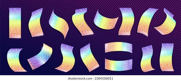 Isolated neon holographic confetti vector set on transparent background. Rainbow hologram glitter party paper. Birthday surprise foil curved element falling. Digital abstract realistic serpentine