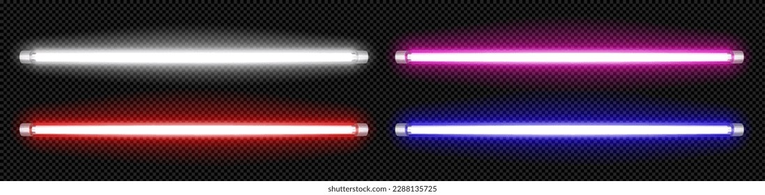 Isolated neon led lamp tube line with blue glow vector on transparent background. Realistic 3d light laser stripe bulb in red and purple color set. Flash lazer shine at night illustration collection.