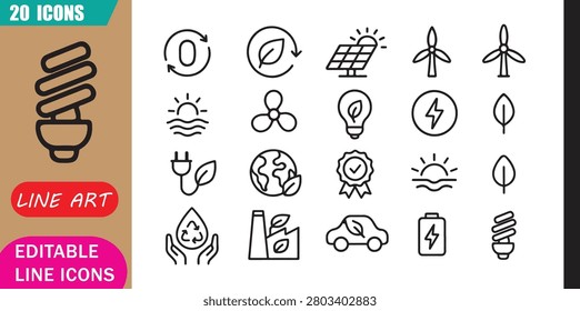 Isolated net zero energy icons set, 20 editable line art icons set, net zero, clean energy, renewable solar wind, sustainability climate power theme style, clean outline vector