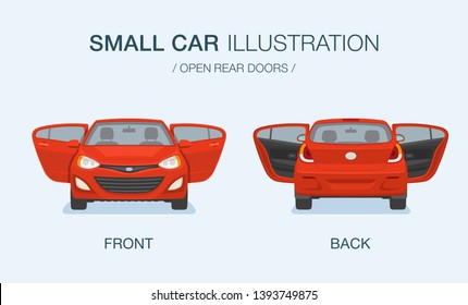 Isolated new modern small car with rear doors open. Front and back view. Flat vector illustration template.