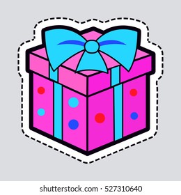 Isolated New Year pink box with blue ribbon on it. Illustration of gift box with point in simple cartoon style. Colourful big bow on top. Cut out of paper. Flat design. Side and front view. Vector