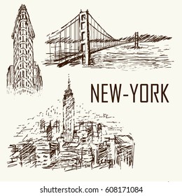 Isolated New-York hand drawn illustration.Vector Sketch. 