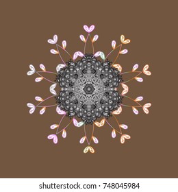 Isolated nice snowflakes on colorful background. Repeated texture for surface, wrapping paper, on brown, gray and white colors. Winter snowflake, vector background. Vector illustration.