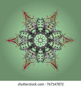 Isolated nice snowflakes on colorful background. Repeated texture for surface, wrapping paper, on green, gray and neutral colors. Winter snowflake, vector background. Vector illustration.