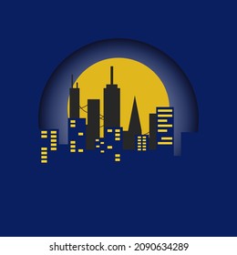 Isolated Night City Paper Cut Landscape Vector Illustration. Perfect for sticker, Website background, wallpaper, etc