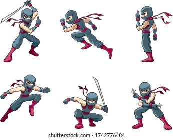
Guerrero ninja aislado en diferentes poses.