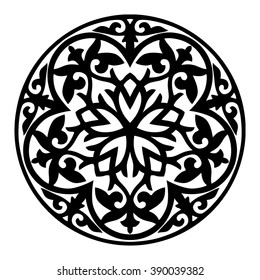 Isolated nomadic shield ornament. Central Asia black vector pattern.