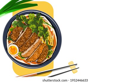 Fideos aislados con Tonkatsu y huevo. Ilustración vectorial realista de ramen japonés sobre fondo blanco. 