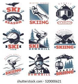 Isolated nordic ski emblems in linear vintage style with skiing gear rope way and skiers symbols vector illustration