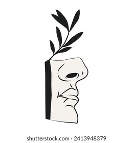 Isolated nose and lips of greek sculpture. Vector fragment of greece monument head with olive branch. Statue piece in classic art design. Stone and marble craft. History and renaissance culture theme