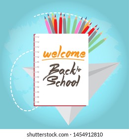 Isolated notebook, colored pencils and paper plane. Back to school poster - Vector