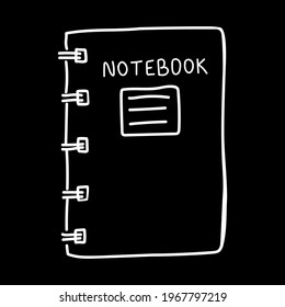 Isolated notebook. White outline. Isolated element on black background.
Stationery in doodle style. School vector illustration. Sticker. Eps10.