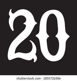 Isolated number 20. White numbers on a black background. For the new year 2021.