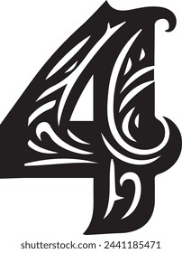 Isolated number 4 graceful calligraphy black in vintage style on a transparent background.