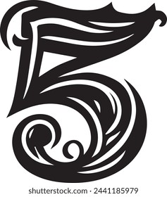 Isolated number 5 graceful calligraphy black in vintage style on a transparent background.