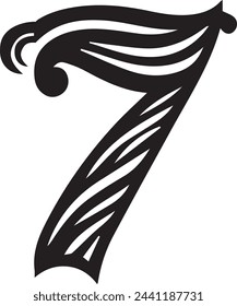 Isolated number 7 graceful calligraphy black in vintage style on a transparent background.