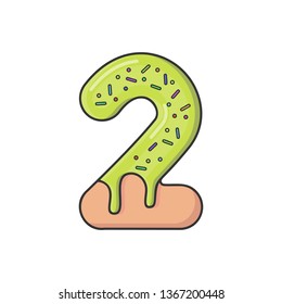 Isolated Numbers in the glaze. Number 2 in the form of cookies, donut poured with colored glaze with decorations. Vector illustration.