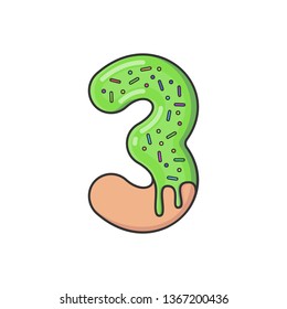 Isolated Numbers in the glaze. Number 3 in the form of cookies, donut poured with colored glaze with decorations. Vector illustration.