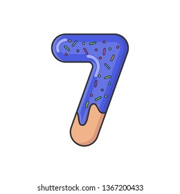Isolated Numbers in the glaze. Number 7 in the form of cookies, donut poured with colored glaze with decorations. Vector illustration.