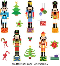 Isolated nutcrackers Christmas ornaments, Christmas trees vector illustrations 