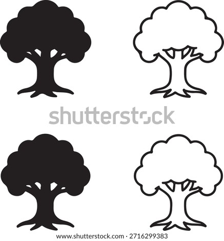 Isolated Oak Tree Icon Set, Strong Oak Tree Silhouette Icon Collection, Forest Hardwood Oak Tree Botanical Icon, Black Minimal Nature Tree Icon, Solid And Outline Vector Design For Projects