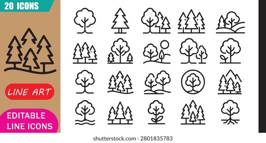Isolated oak tree icons set, 20 editable line art icons set, oak tree, nature forest woodland, ecology environment green, landscape growth theme style, clean outline vector