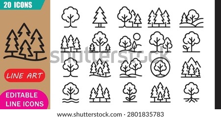 Isolated oak tree icons set, 20 editable line art icons set, oak tree, nature forest woodland, ecology environment green, landscape growth theme style, clean outline vector