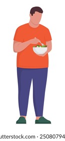 Isolated obese man eating a salad, weight loss and diet concept