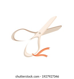 Isolated object against white background. Scissors with a ribbon for Needlework. Vector in flat style. Women's hobby. Scissors. Suitable for specialized illustrations, layouts and posters.