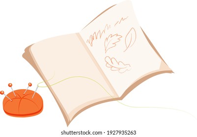 Einziger Gegenstand auf weißem Hintergrund. Needlework. Ein Kissen mit Nadeln und ein Notizbuch mit Skizzen. Vektorgrafik im flachen Stil. Geeignet für spezielle Illustrationen, Layouts und Poster.