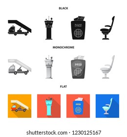 Isolated object of airport and airplane icon. Set of airport and plane vector icon for stock.