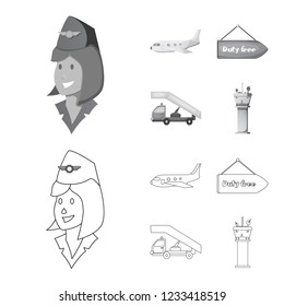 Isolated object of airport and airplane icon. Collection of airport and plane stock vector illustration.