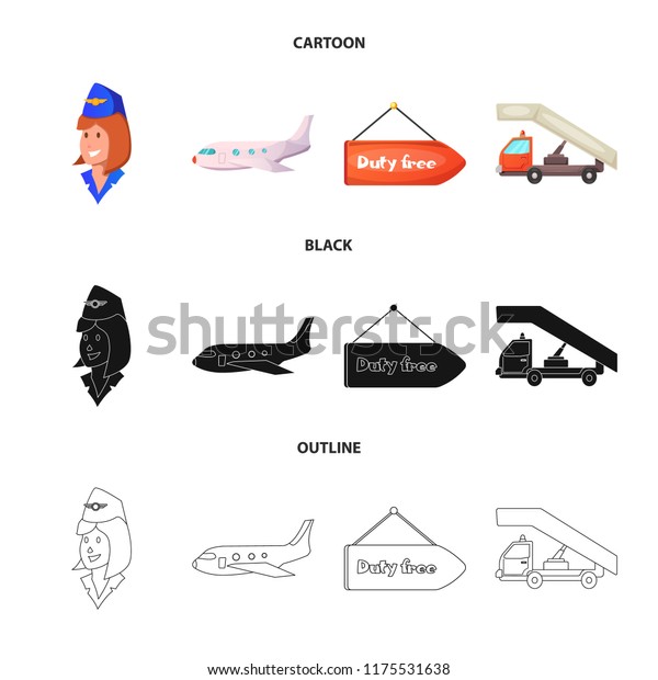 Isolated object of airport\
and airplane icon. Collection of airport and plane vector icon for\
stock.