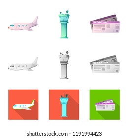 Isolated object of airport and airplane sign. Set of airport and plane vector icon for stock.