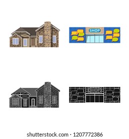 Isolated object of building and front sign. Collection of building and roof stock vector illustration.