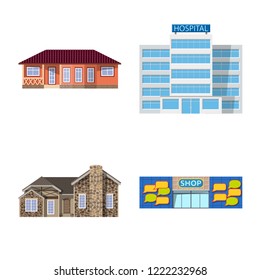 Isolated object of building and front sign. Collection of building and roof stock vector illustration.