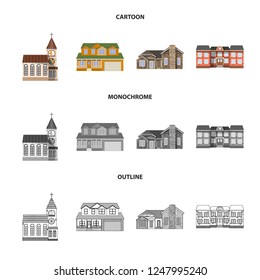 Isolated object of building and front sign. Set of building and roof stock symbol for web.