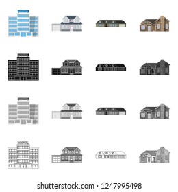 Isolated object of building and front sign. Set of building and roof stock symbol for web.