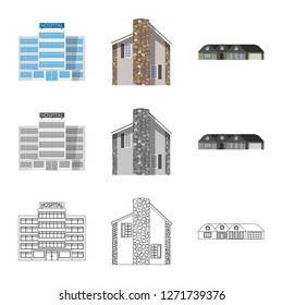 Isolated object of building and front sign. Set of building and roof stock symbol for web.