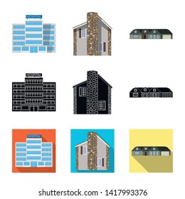 Isolated object of building and front sign. Set of building and roof stock symbol for web.