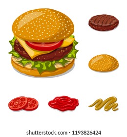 Isolated object of burger and sandwich logo. Collection of burger and slice vector icon for stock.
