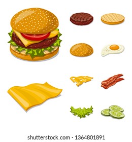 Isolated object of burger and sandwich sign. Set of burger and slice vector icon for stock.