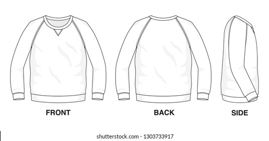 Isolated object of clothes and fashion stylish wear fill in blank shirt sweater. Regular Tee Crew Neck Ragland Tee Long Sleeves Illustration Vector Template. Front, back and side view