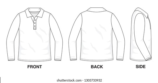 Isolated object of clothes and fashion stylish wear fill in blank shirt sweater. Regular Tee Crew Polo Tee Long Sleeves Illustration Vector Template. Front, back and side view