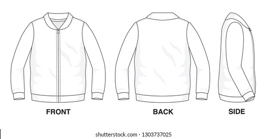 Isolated object of clothes and fashion stylish wear fill in blank shirt sweater. Regular Tee Crew Neck Collar Long Sleeves Vest Zipper Illustration Vector Template. Front, back and side view