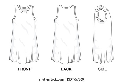 Isolated object of clothes and fashion stylish wear fill in blank top dress. Regular Neck Strap Original Sleeveless Top Illustration Vector Template Loose Baggy Dresses. Front, back and side view.