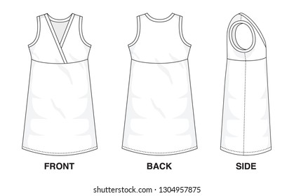 Isolated object of clothes and fashion stylish wear fill in blank top dress. Regular V- Neck Japanese Strap Original Sleeveless Top Illustration Vector Template Dresses. Front, back and side view.