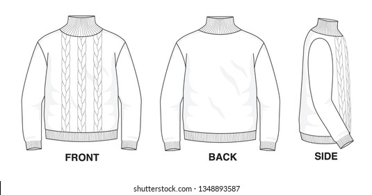 Isolated object of clothes and fashion stylish wear fill in blank shirt Cable Knit sweater.  Front, back and side view