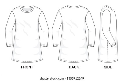 Isolated object of clothes and fashion stylish wear fill in blank dress. Regular Neck Strap Original Top Illustration Vector Template Dresses Long Sleeves. Front, back and side view. 