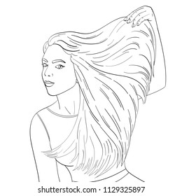 Isolated object coloring, black lines, white background. A young girl advertises shampoo, long hair. Vector illustration